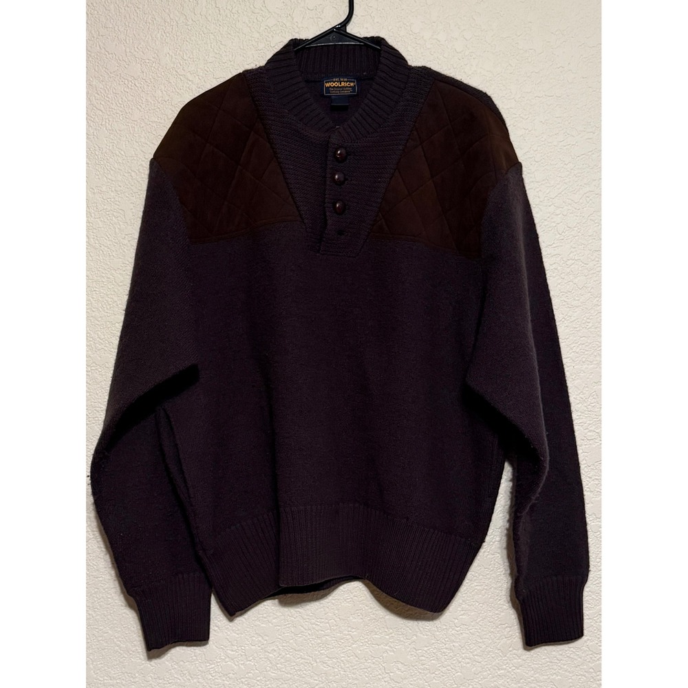 Woolrich Mens XL Loden Green 100% Wool Henley Sweater Quilted Shoulder Patches